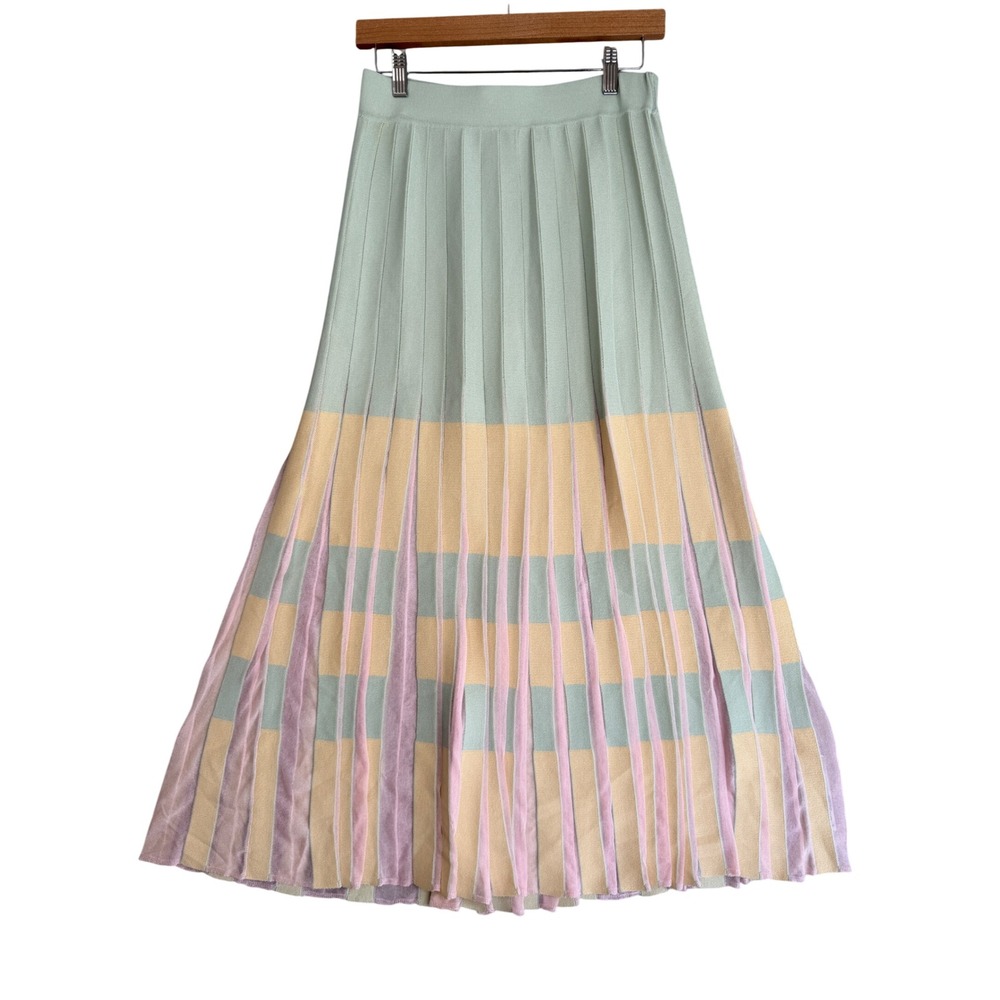 Zara Pleated Knit Maxi Skirt M Mint Green Pastel Colorblock Sheer Mesh Soft Girl